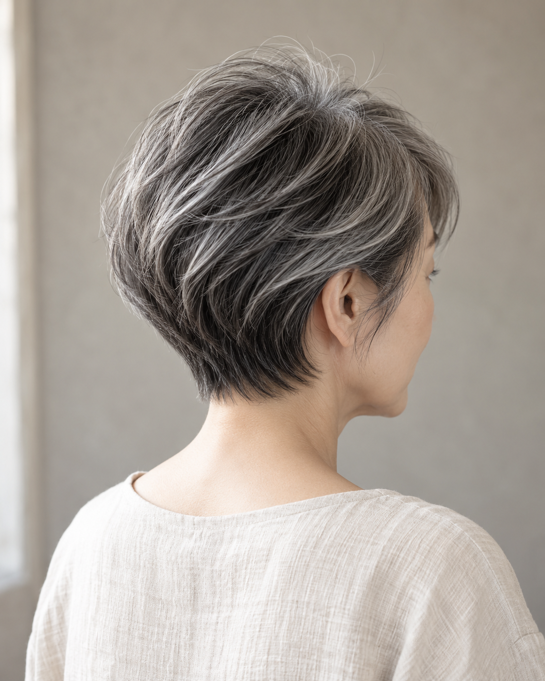 AI生成の参考画像：自然なグレイヘアのショートスタイル